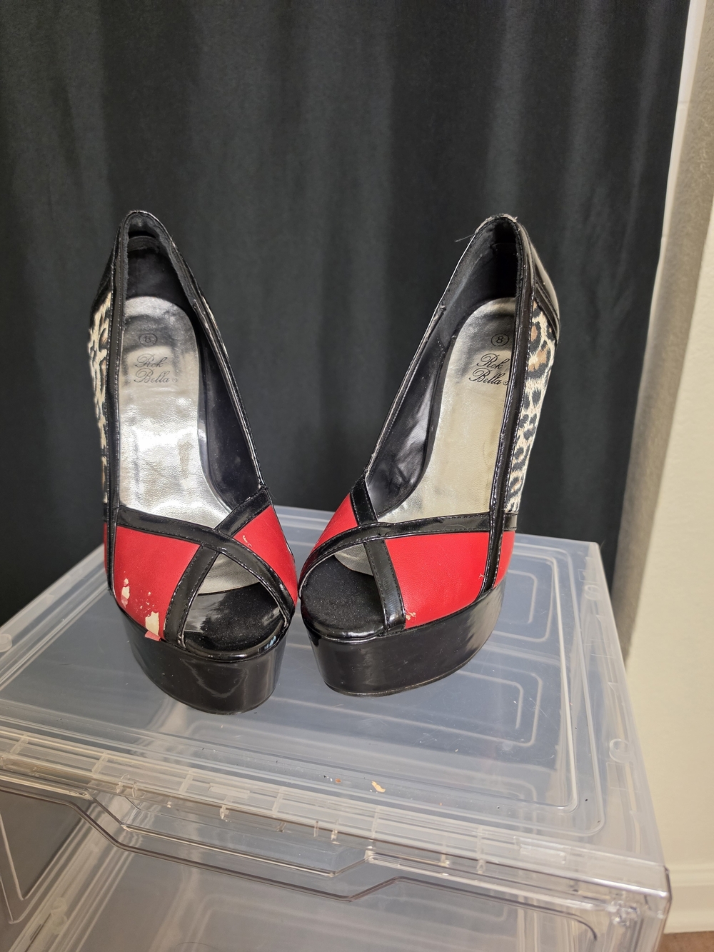 Red and Black Peep-Toe Platform Pumps by